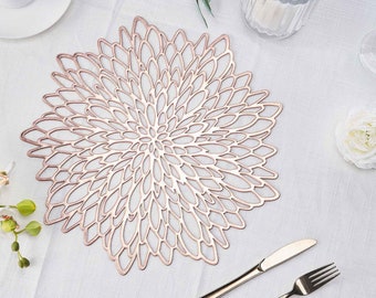 6 Pack | Rose Gold Metallic Floral Vinyl Placemats Non-Slip Table Mats For Dining -  Blush Round 15"