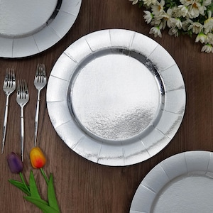 10 Pack | 13&quot; Disposable Charger Plates, Leathery Texture Designed Plates, Round Charger Plates, Table Decor - Silver | 1100 GSM