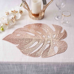 18" Monstera Leaf Placemat, Metallic Dining Table Mats - 6 Pack | Blush/Rose Gold