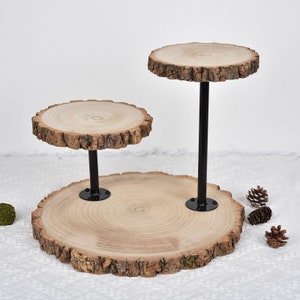 14 Tall 3 Tier Rustic Wood Slice Cupcake Stand, Natural Wooden Cake Stand Dessert Display With Metal Poles image 7