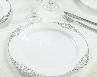 20-Pack Economy Plastic Charger Plates 13" Round White with Silver Embossed Baroque Rim - Stylish Dinner Party Serving Plates