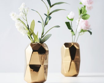 6" Tall Ceramic Vases, Geometric Cylinder Vases, Contemporary Vases, Ceramic Centerpieces - 2 Pack | Gold