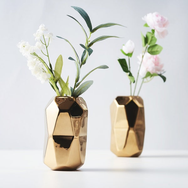 6" Tall Ceramic Vases, Geometric Cylinder Vases, Contemporary Vases, Ceramic Centerpieces - 2 Pack | Gold