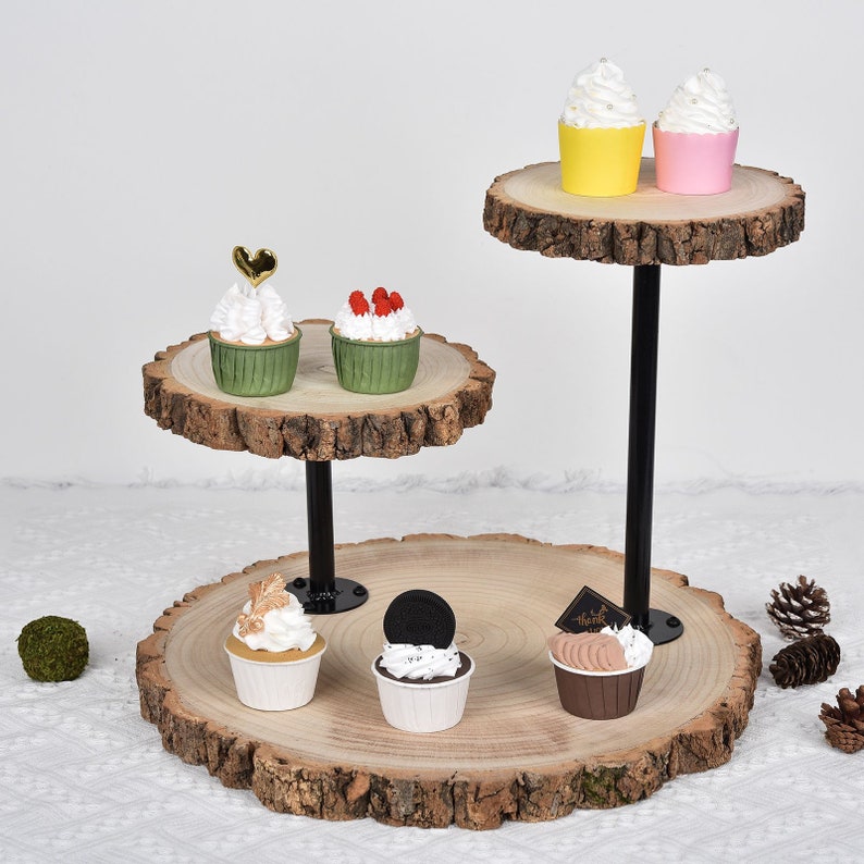 14 Tall 3 Tier Rustic Wood Slice Cupcake Stand, Natural Wooden Cake Stand Dessert Display With Metal Poles image 8