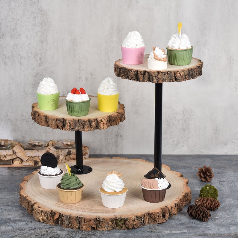 14 Tall 3 Tier Rustic Wood Slice Cupcake Stand, Natural Wooden Cake Stand Dessert Display With Metal Poles image 6