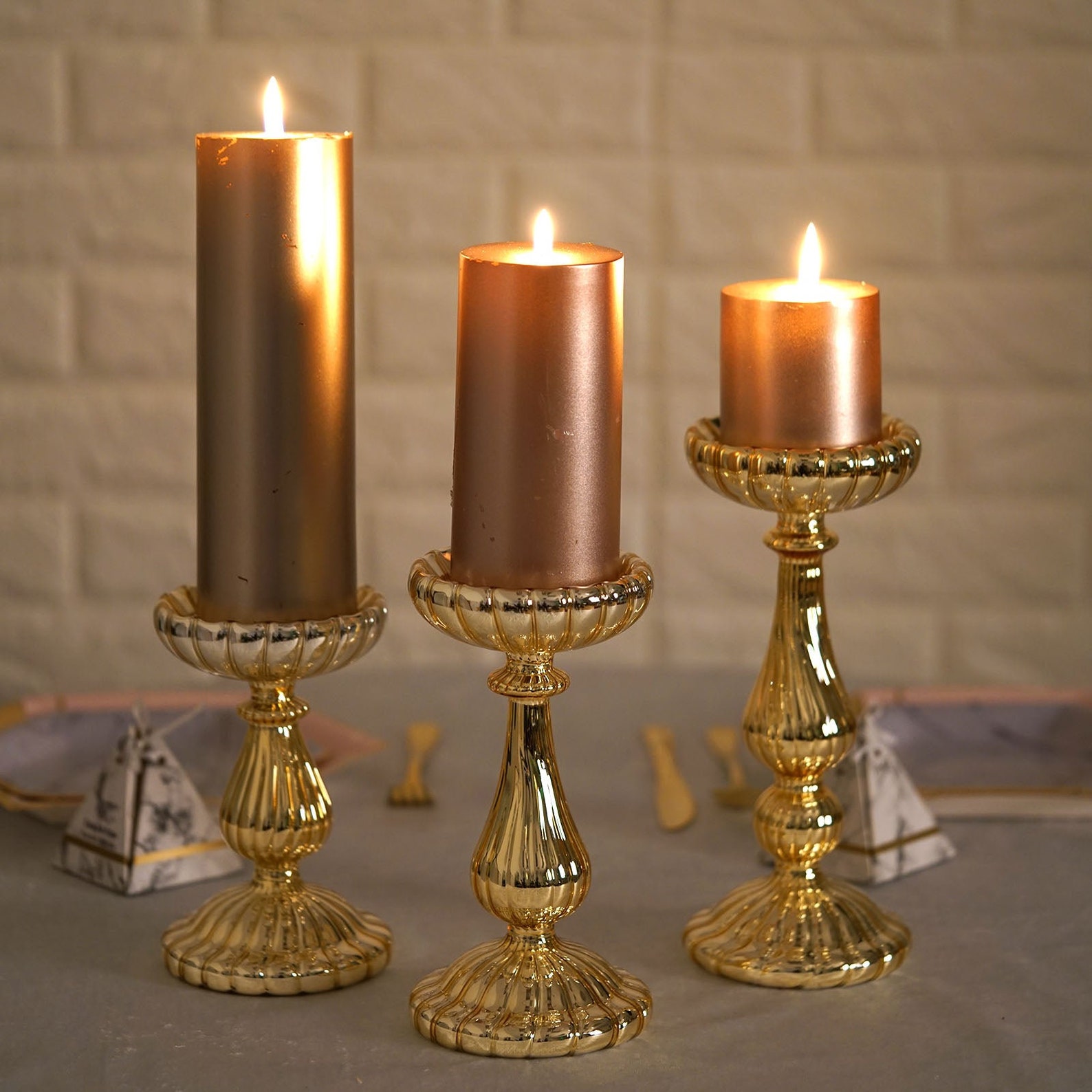 Efavormart Set of 3 Mercury Glass Gold Pillar Candle Holders, Taper