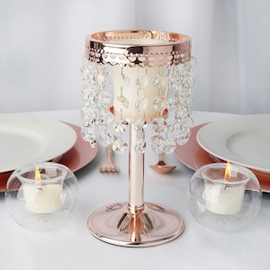 Efavormart | 8" Blush | Rose Gold Crystal Beaded Chain Votive Tealight Candle Holder With Metal Stand