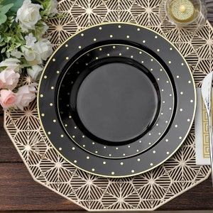 10 Pack 7.5 Plastic Dessert Plates, Round Salad Plates, Black Appetizer Plates With Gold Dot Rim ...