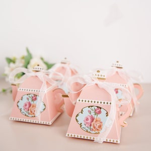 25 Pack | 4" Dusty Rose Mini Teapot Wedding Favor Boxes, Tea Time Gift Boxes With Ribbon & Glue Dots, Candy Boxes, Tea Party Supplies Decor