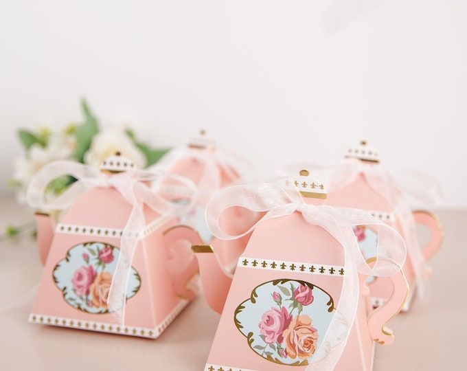 25 Pack | 4" Dusty Rose Mini Teapot Wedding Favor Boxes, Tea Time Gift Boxes With Glue Dots, Candy Boxes, Tea Party Supplies Decor