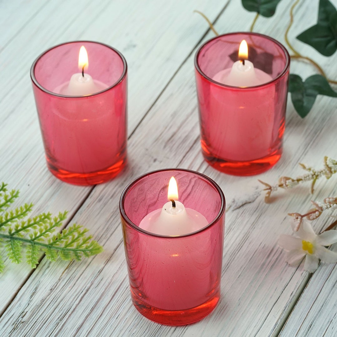 12 Pack Red Glass Votive Candle Holders With White Votive Candles, Tea