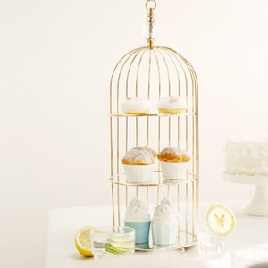 3-Tier Mirror Top Cupcake Stand, Dessert Display Stand, Treat Display for Weddings - 22&quot; Tall | Gold | Bird Cage Design