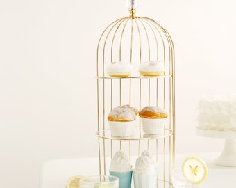 3-Tier Mirror Top Cupcake Stand, Dessert Display Stand, Treat Display for Weddings - 22" Tall | Gold | Bird Cage Design
