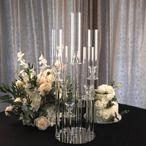 33&quot; Tall | 7 Arm Candelabra, Pillar Candle Holders, Crystal Cluster Candelabra With Mirror Base