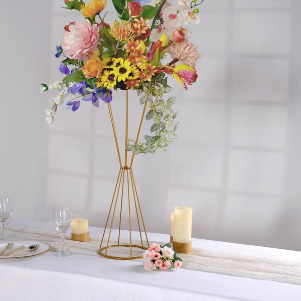 27" Dual Cone Reversible Gold Metal Geometric Flower Stand, Wedding Vase Pedestal, Column Centerpiece, Flower Centerpiece, Floral Stand