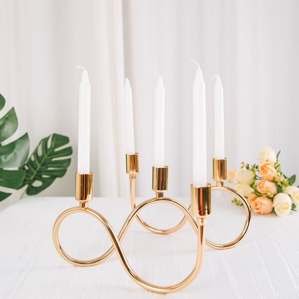 9" | 5 Arm | Wavy Gold Metal Candelabra Candle Holder, Taper Candlestick Holder, Table Centerpiece Decor, Wedding Reception Candle light