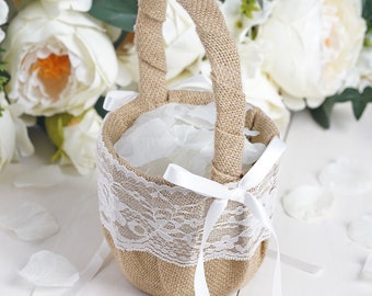 8" Rustic Flower Girl Basket, Wedding Basket Bohemian Flower Girl Basket, Farmhouse Barn Wedding Decor - Natural Burlap