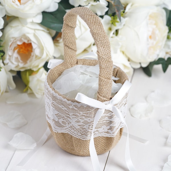 8" Rustic Flower Girl Basket, Wedding Basket Bohemian Flower Girl Basket, Farmhouse Barn Wedding Decor - Natural Burlap