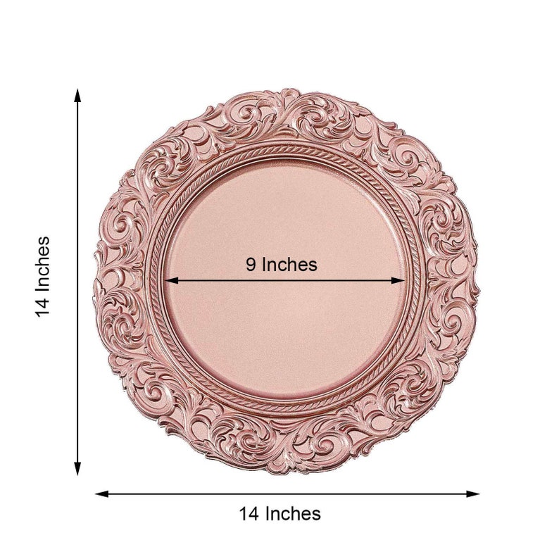 Set of 6 - 14inch Metallic Rose Gold Plastic Charger Plates, Plate Chargers, Round Charger Plates, Dining & Serving, Engraved Baroque Design