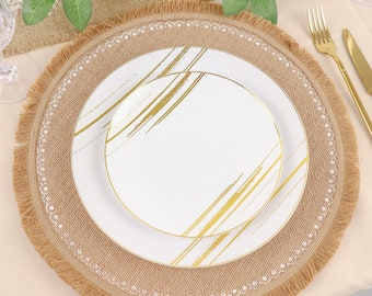 4 Pack | 15" Natural Jute Placemats, White Embroidery Print, Woven Burlap Tassel Table Mats, Rustic Decor, Vintage Round Placemats w/ Fringe