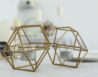 11" Geometric Candle Holder Set with Votive Glass Holders, Linked Metal Geometric Centerpieces, Geometric Decor, Table Centerpiece - Gold
