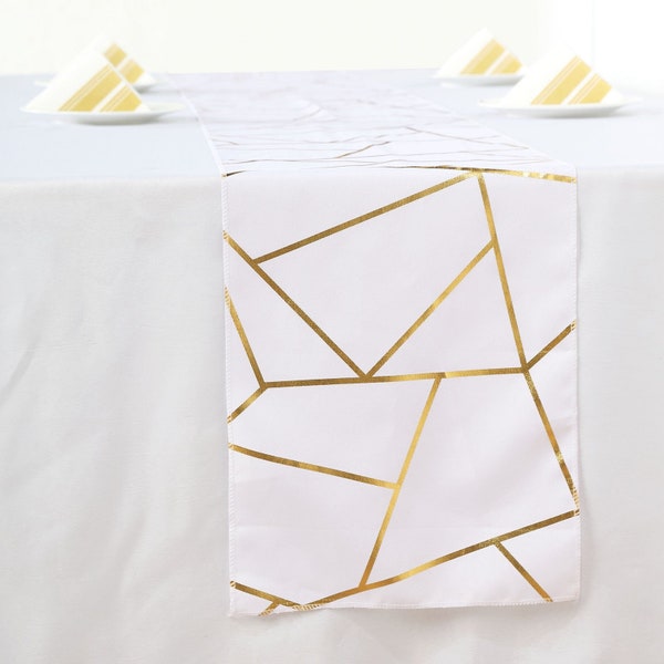 9 FT White Table Runner With Gold Foil Patterns, Geometric Table Runners,  Colorful Linens, Wedding Table Runners