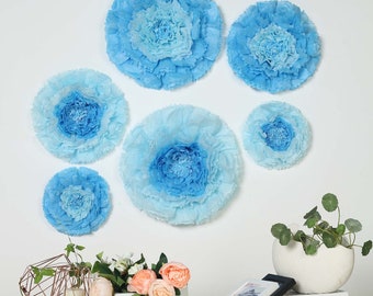 6 Multi Size Pack | Carnation Aqua Blue Dual Tone 3D Wall Flowers Giant Tissue Paper Flowers - 12",16",20"