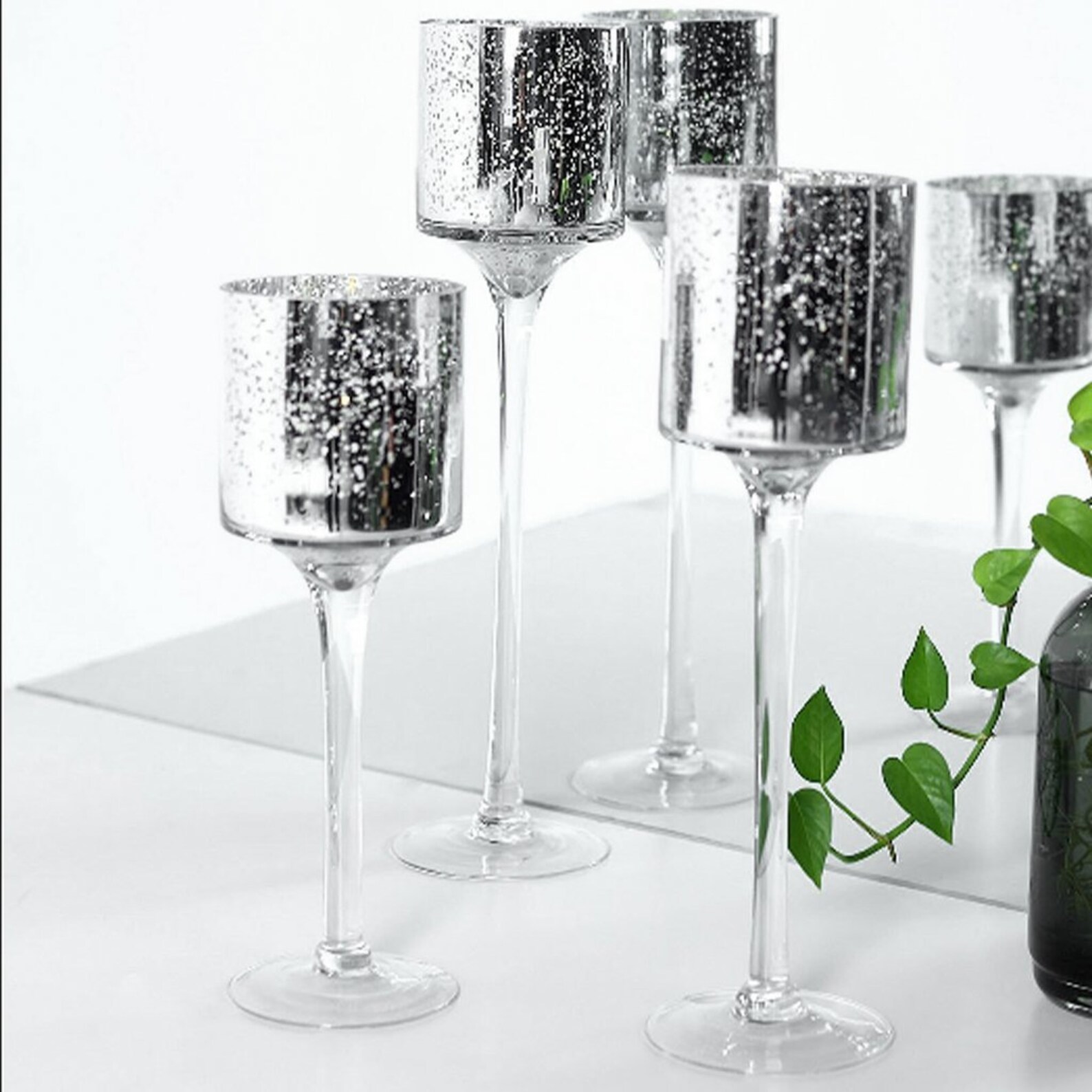 Long Stem Mercury Glass Candle Holder Tall Cylinder Vases For Etsy