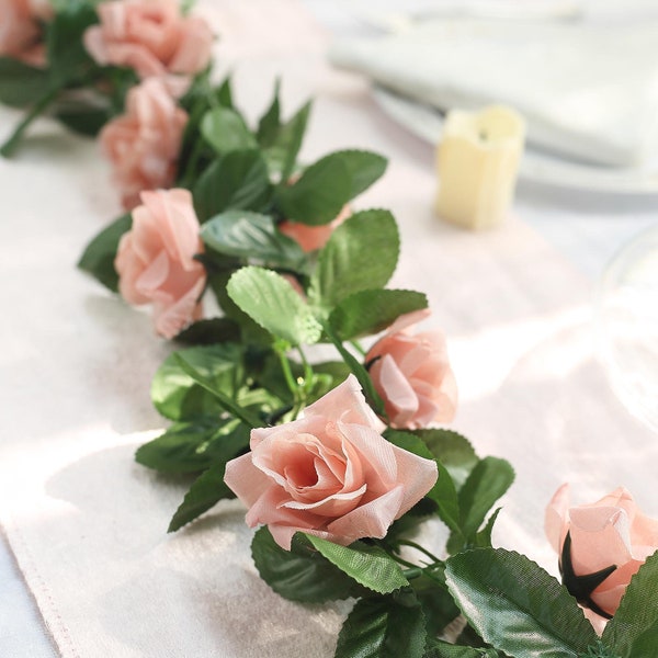 6FT Dusty Rose Silk Rose Vine, Fake Rose Garland, Hanging Roses, Wedding Garland, Arch Decor Greenery Garland