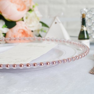 Set of 6 | 12inch Clear Acrylic Charger Plates with Rose Gold Beaded Rim, Plate Chargers, Round Charger Plates, Dining & Serving, Reception