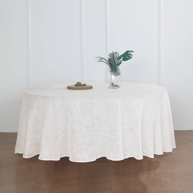 108inch White Premium Faux Linen Round Tablecloth, Wrinkle Free Table cloth, Rustic Wedding, Home Decor, Faux Burlap Tablecloth