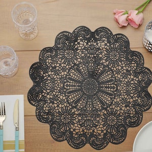 15&quot; Floral Placemat, Dining Table Placemats, Round Table Mats, Wedding Placemats, Vinyl Lace Doilies, Plastic Placemats - 6 Pack | Black