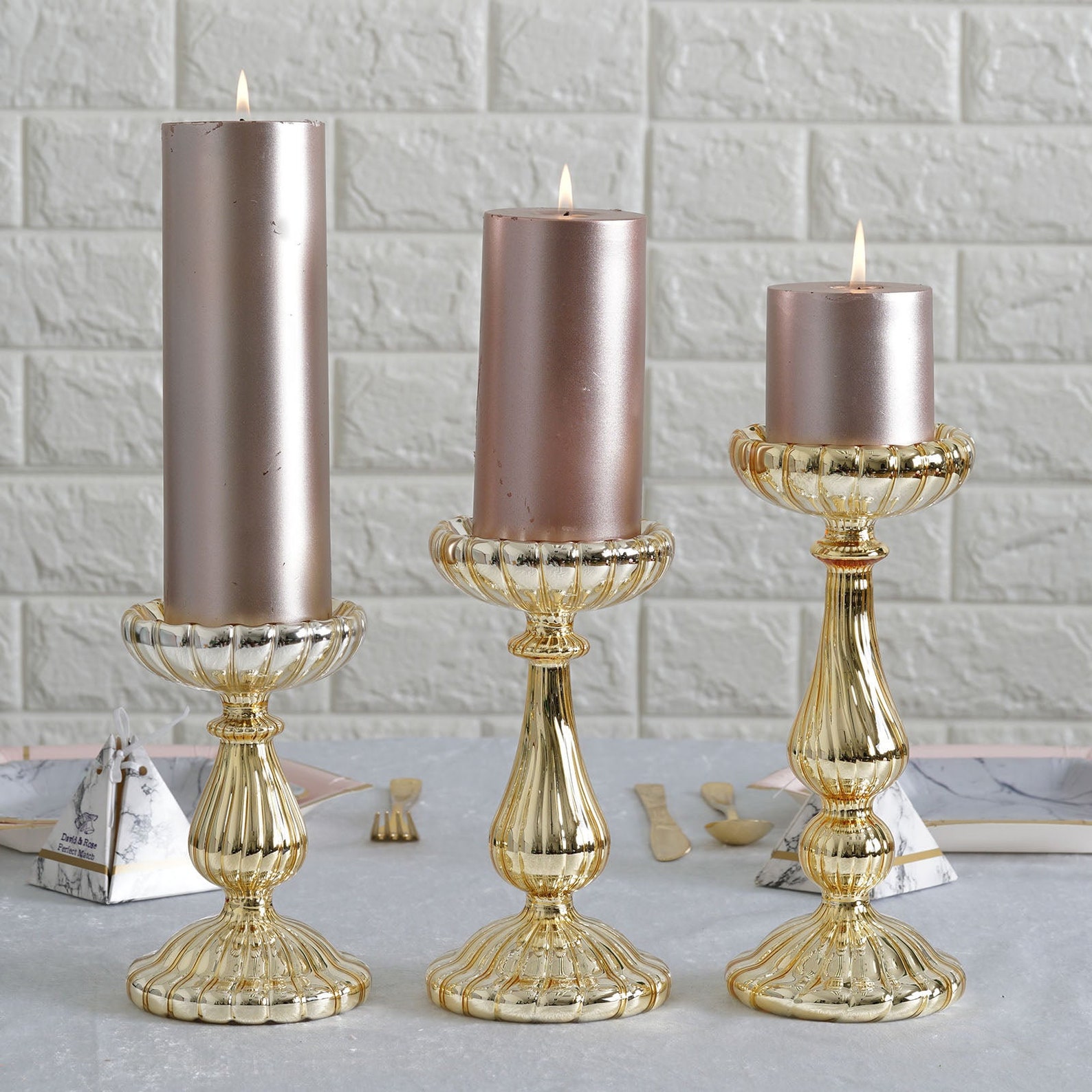 Efavormart | Set of 3 - Mercury Glass Gold Pillar Candle Holders, Taper ...