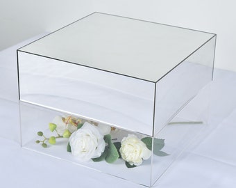 14"x14" | Silver Acrylic Cake Box Stand, Mirror Finish Display Box Pedestal Riser with Hollow Bottom