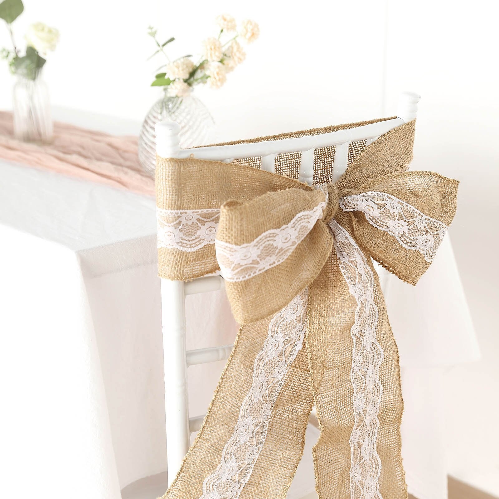 5x108 Natural Burlap Lace Chair Sash Hessian Lace Chair Bow