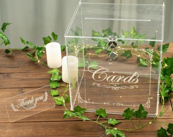 Clear Acrylic Card Box, Wedding Card Box, Money Box, Party Gift Box with Lock, Key and Thank You Sign Stand For Wedding & Reception Decor