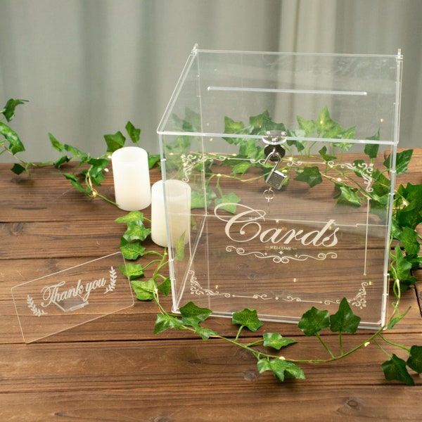 Clear Acrylic Card Box, Wedding Card Box, Money Box, Party Gift Box with Lock, Key and Thank You Sign Stand For Wedding & Reception Decor