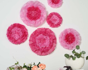 6 Multi Size Pack | Carnation Pink/Fuchsia 3D Wall Flowers Giant Tissue Paper Flowers - 12",16",20"