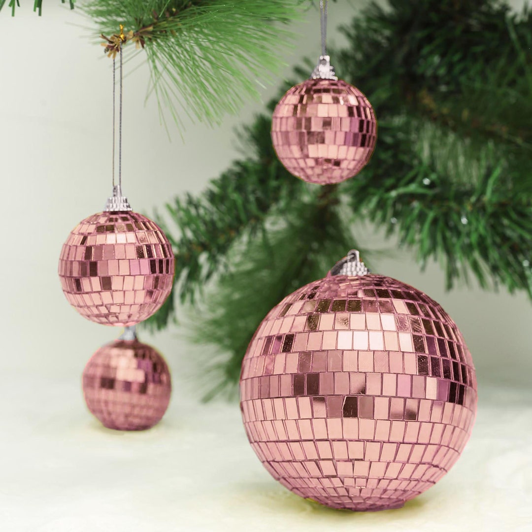 4 Pack 4 Blush Rose Gold Disco Ball Ornaments, Mirror Foam Ball With