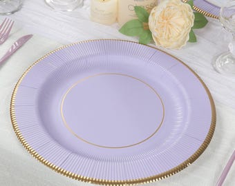 25-Pack Disposable Round Charger Plates 13" Lavender Lilac Sunray Design with Gold Rim - 350GSM Heavy Duty Paper Placemats