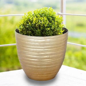 Decorative Garden Pots, Planter Pots For Flowers and Greenery, Flower Pots - 12&quot; Tall Metallic Gold | Horizontal Lines Design