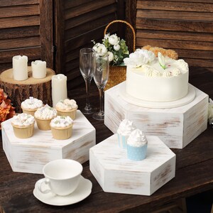 Set of 3 | Whitewashed Hexagonal Wooden Cupcake Stand, Dessert Holder ...