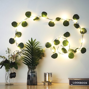 7ft | 20 LED Artificial Green Eucalyptus Leaf Garland Vines, Battery Operated Fairy String Lights, LED Garland Lights