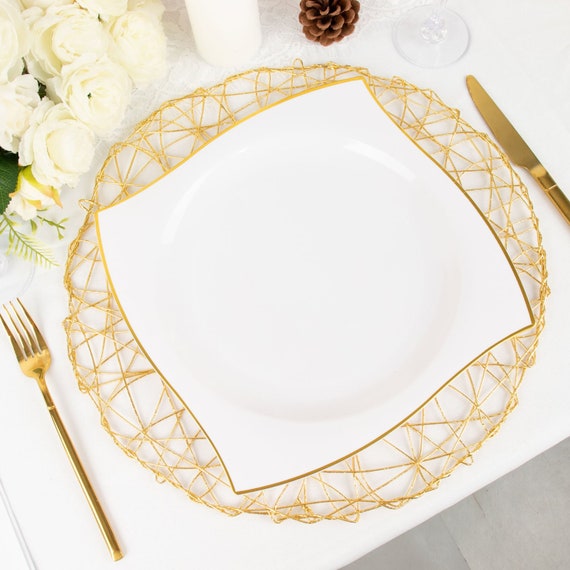 10 Pack White / Gold Wavy Rim Modern Square Plastic Dessert Plates