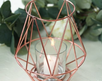 2 Pack | 7" Geometric Candle Holder Set With Glass Votive Holder, Geometric Decor, Table Centerpiece - Rose Gold