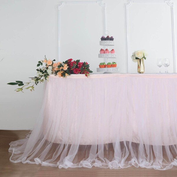 14 FT Tulle Tutu Table Skirt, 48" Two Layered Extra Long Floating Satin & Tulle Table Skirt, Table Tutu - Blush/Rose Gold | White