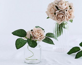 24 Roses | 2" Champagne Artificial Foam Rose For Craft With Stem And Leaves, Artificial Flower Leaves Decoration, Floral Decor