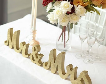 Gold Glittered Wooden "Mr & Mrs" Freestanding Letter Photo Props, Rustic Glam Wedding Table Display Signs for Wedding Showers, Receptions