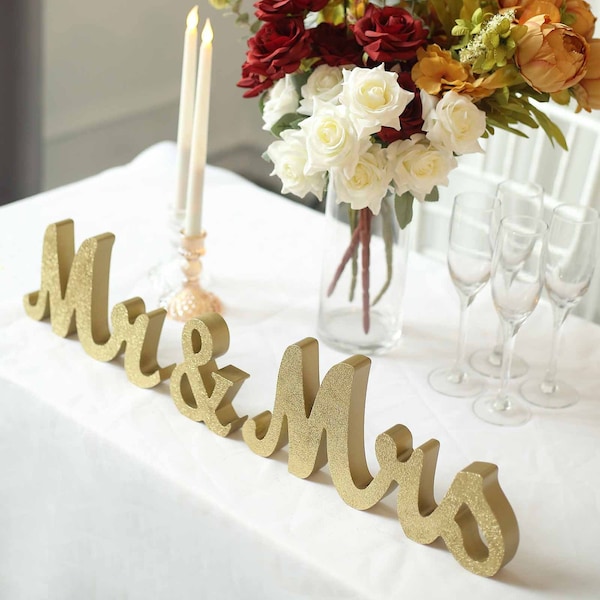 Gold Glittered Wooden "Mr & Mrs" Freestanding Letter Photo Props, Rustic Glam Wedding Table Display Signs for Wedding Showers, Receptions