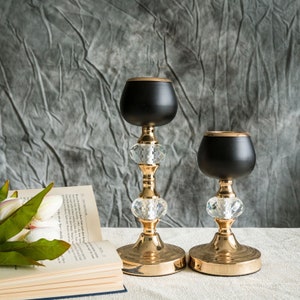 Efavormart | 2 Pack Gold/Black Metal with Acrylic Crystal Tealight Votive Candle Holder Set - 7&quot;/11&quot;